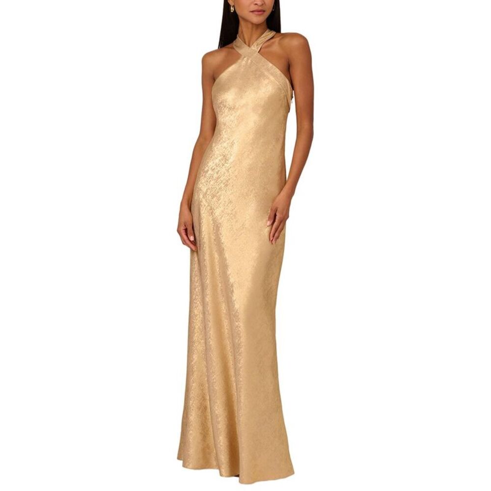 Adrianna Papell Womens Foiled Woven Halter Gown, Gold